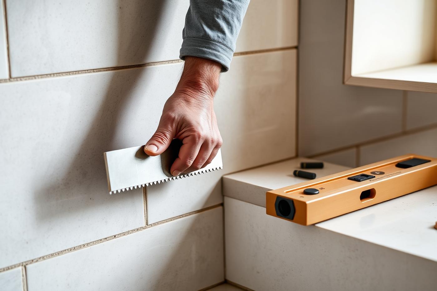 Tile setter applying waterproofing membrane to shower walls before tile installation