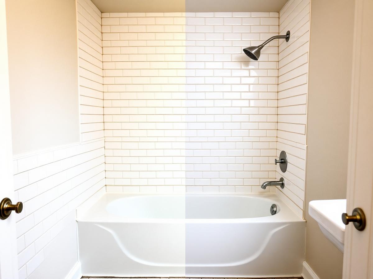 Alcove bathtub with tiled surround before conversion to a shower