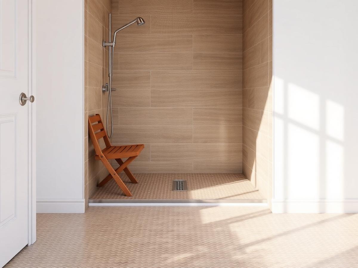 Curbless shower with a level entry, linear drain and a folding seat