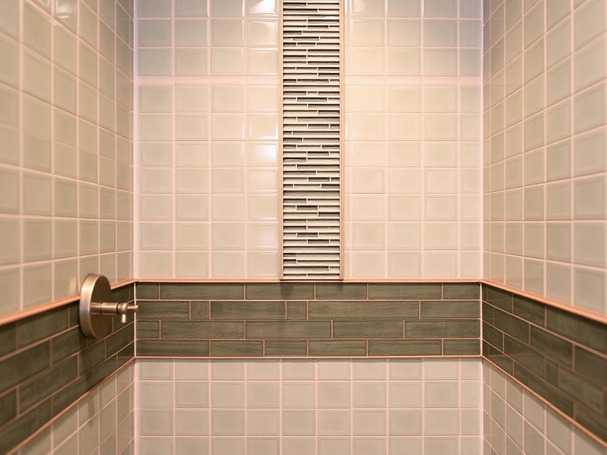 Tile shower interior with a stacked accent band and precise grout lines