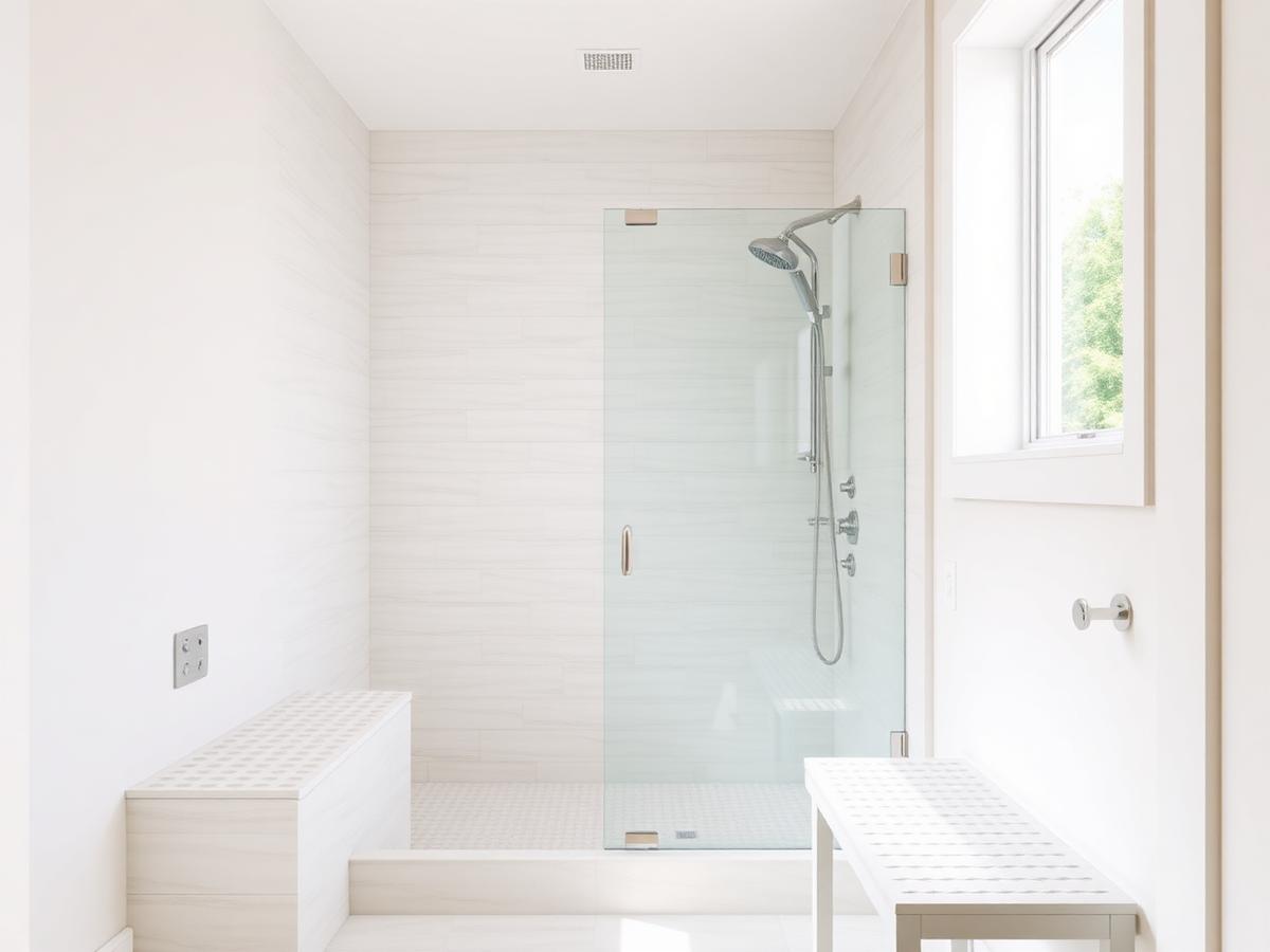Walk-in shower with a low tile curb, frameless glass panel and a tiled bench