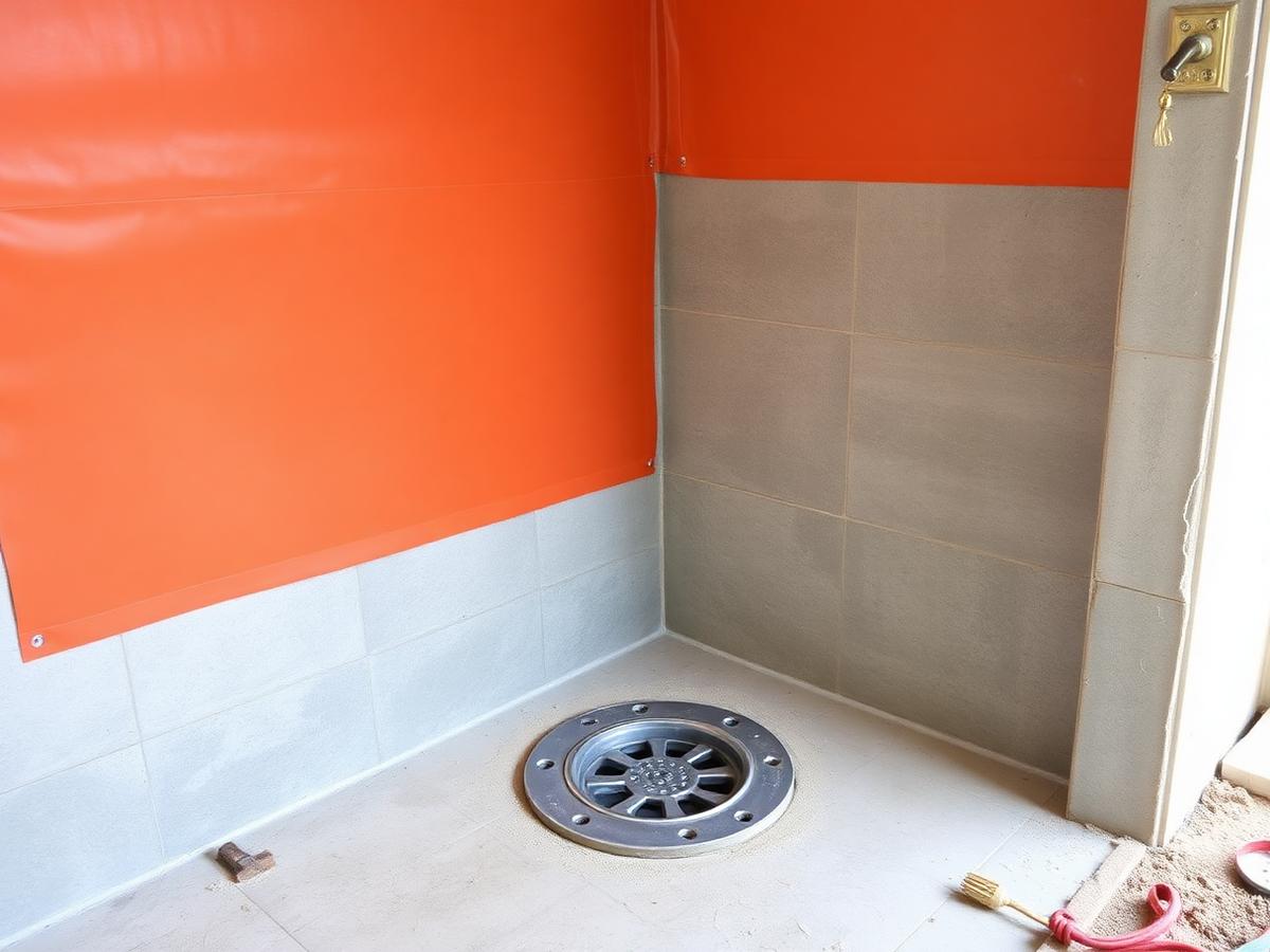 Shower under construction with a bonded waterproofing membrane and a bonding-flange drain